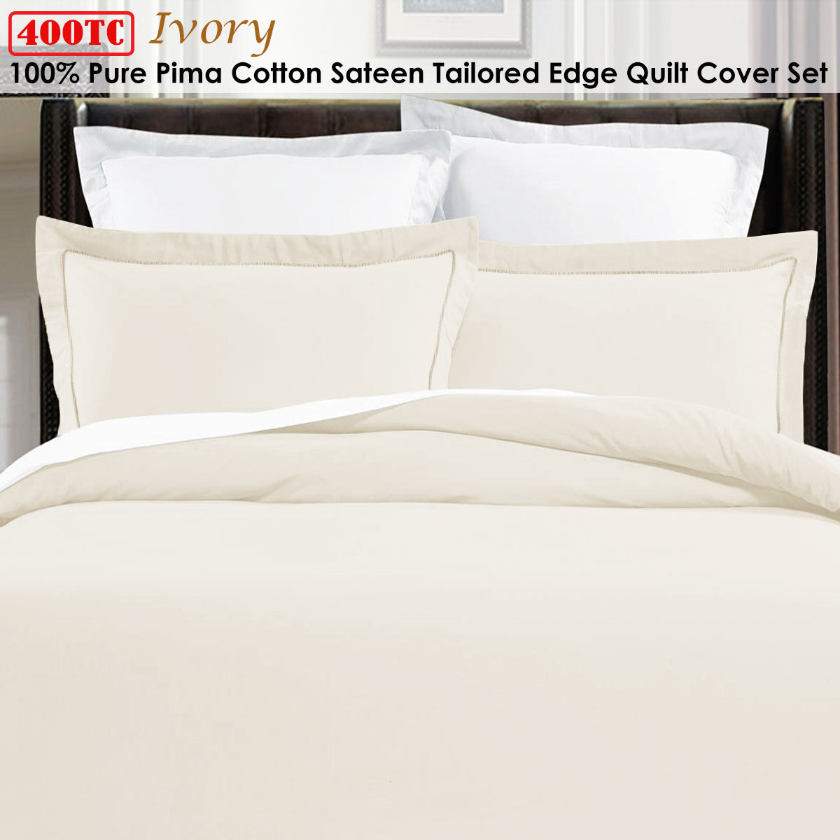 Grand Aterlier Pima Cotton Ivory Quilt Cover Set King featuring embroidered tailored edge design and soft cotton fabric.