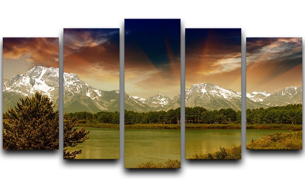 A stunning 5-split canvas artwork depicting the majestic landscapes of Grand Teton National Park, showcasing vibrant colors and intricate details.