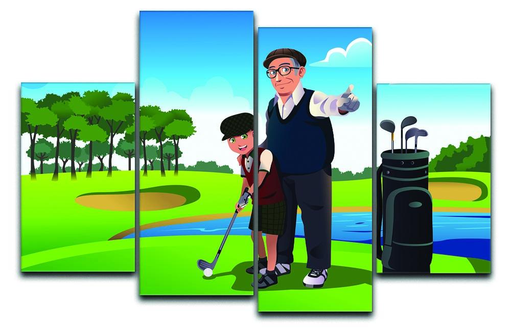A 4-panel canvas artwork depicting a grandfather teaching his grandson how to play golf, showcasing a warm family moment.