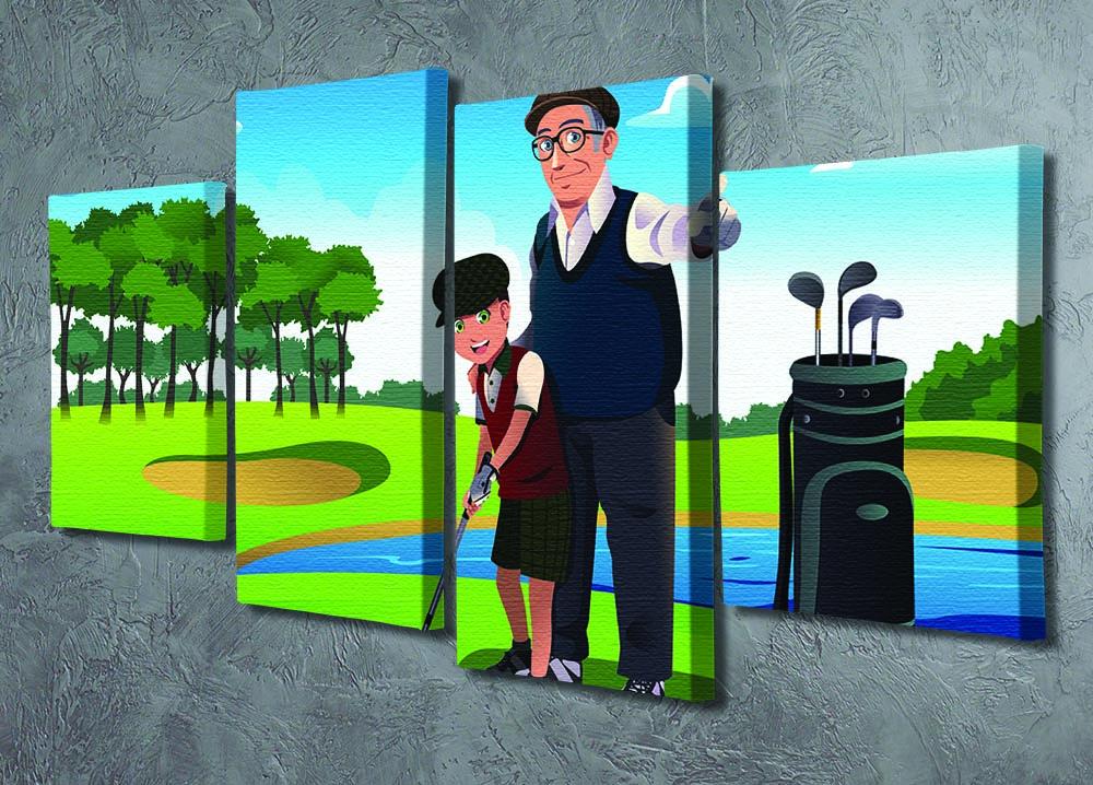 A 4-panel canvas artwork depicting a grandfather teaching his grandson how to play golf, showcasing a warm family moment.