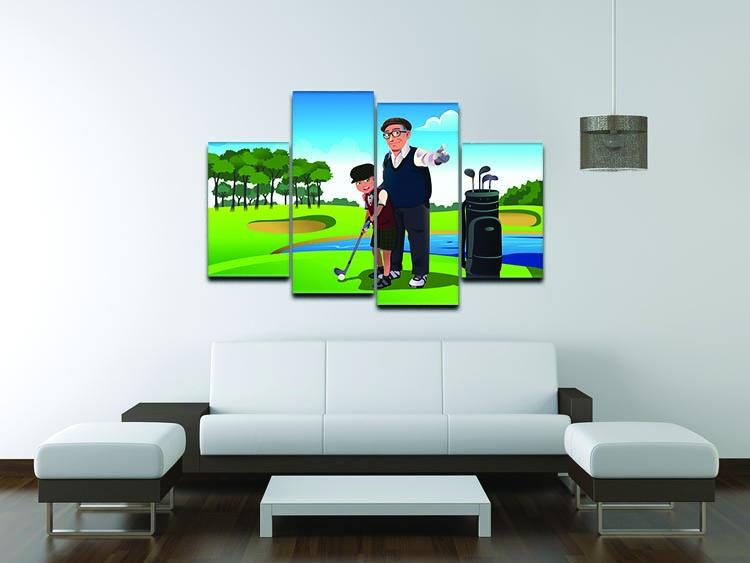A 4-panel canvas artwork depicting a grandfather teaching his grandson how to play golf, showcasing a warm family moment.