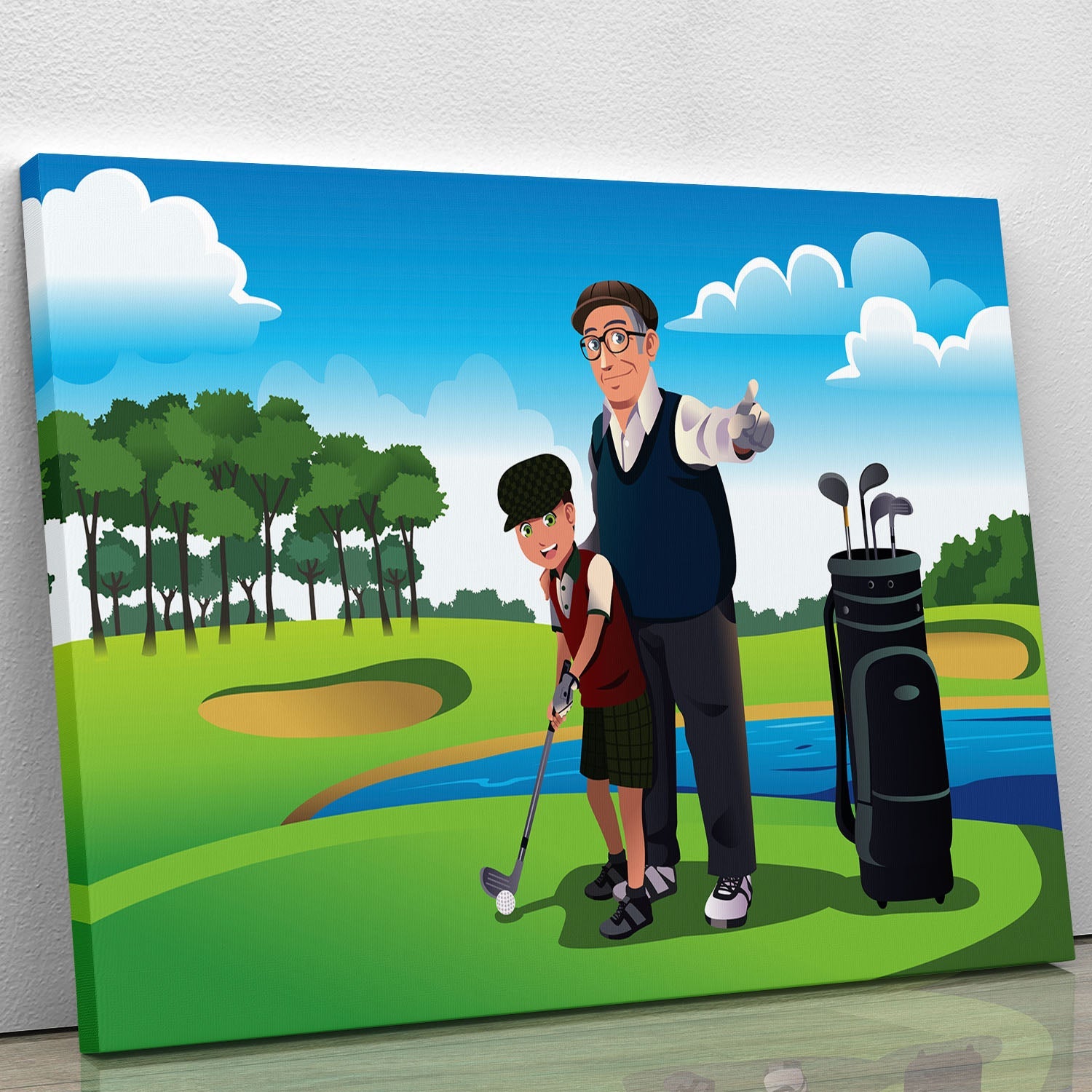 Canvas print of a grandfather teaching his grandson to play golf, showcasing a heartwarming family moment.