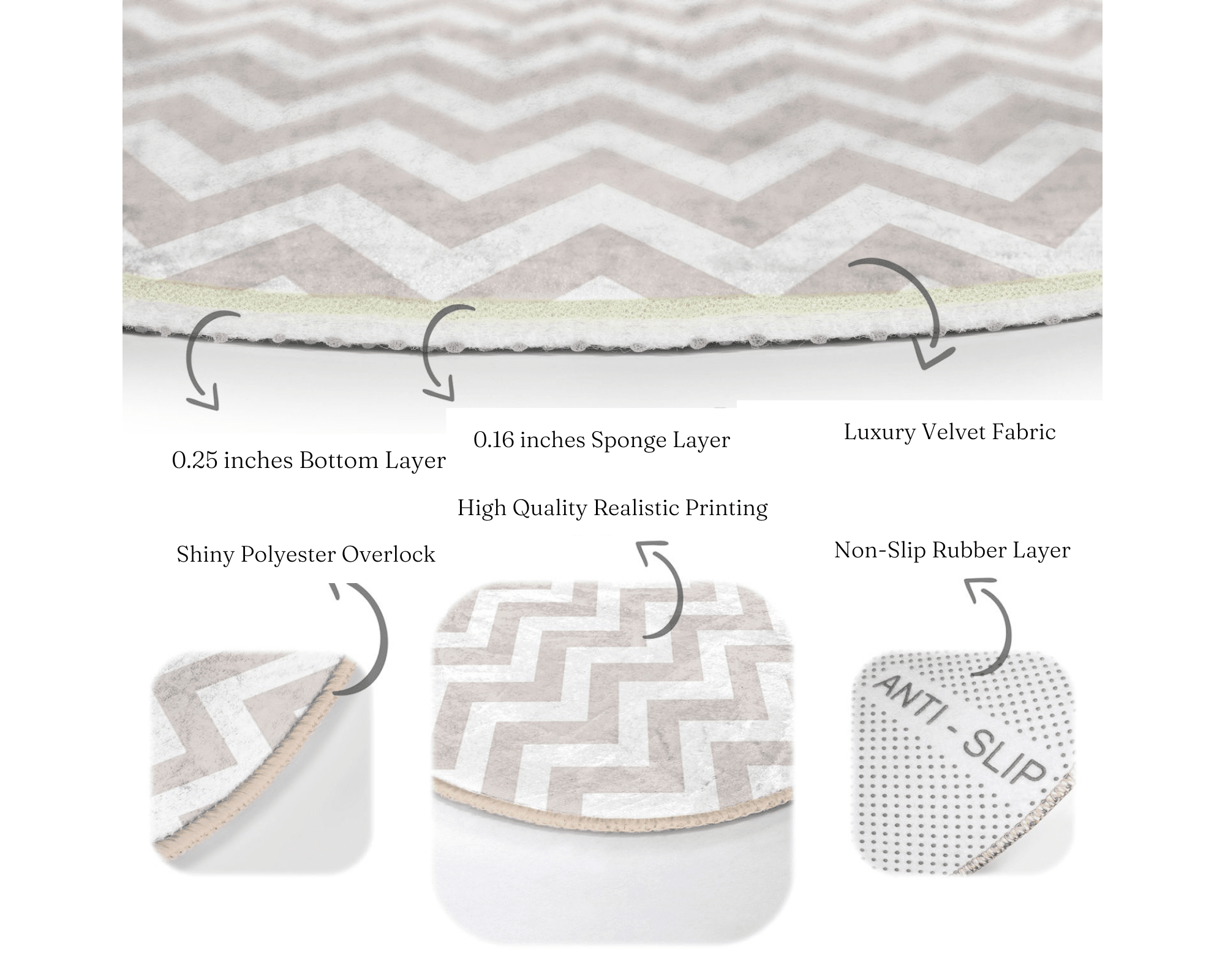 Gray and white decorative round rug placed in a stylish living room setting, showcasing its elegant design and soft texture.