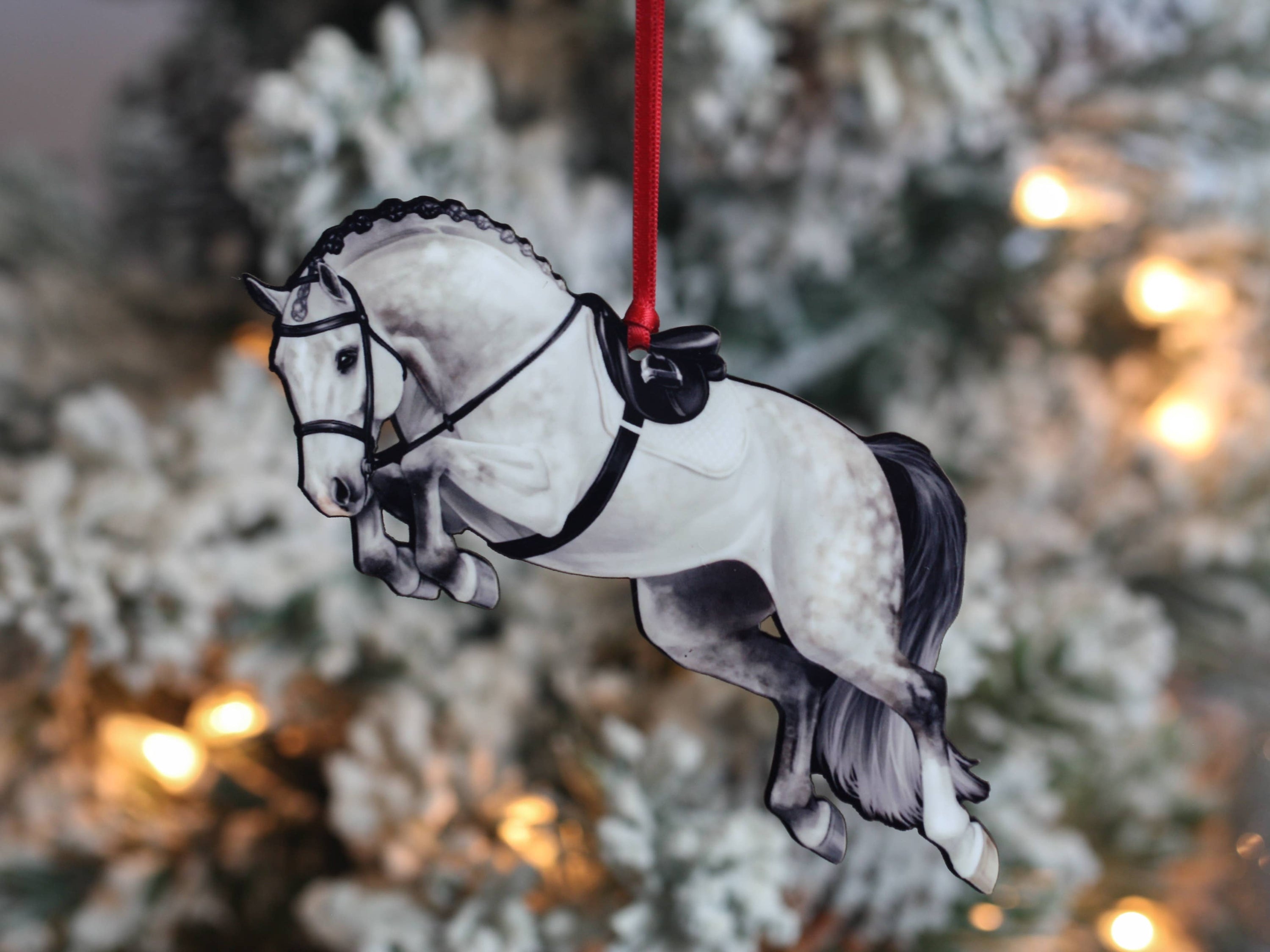 Gray Hunter Equestrian Decor Jumping Horse Ornament with braided mane, featuring a glossy front and dark brown back, perfect for holiday decor.