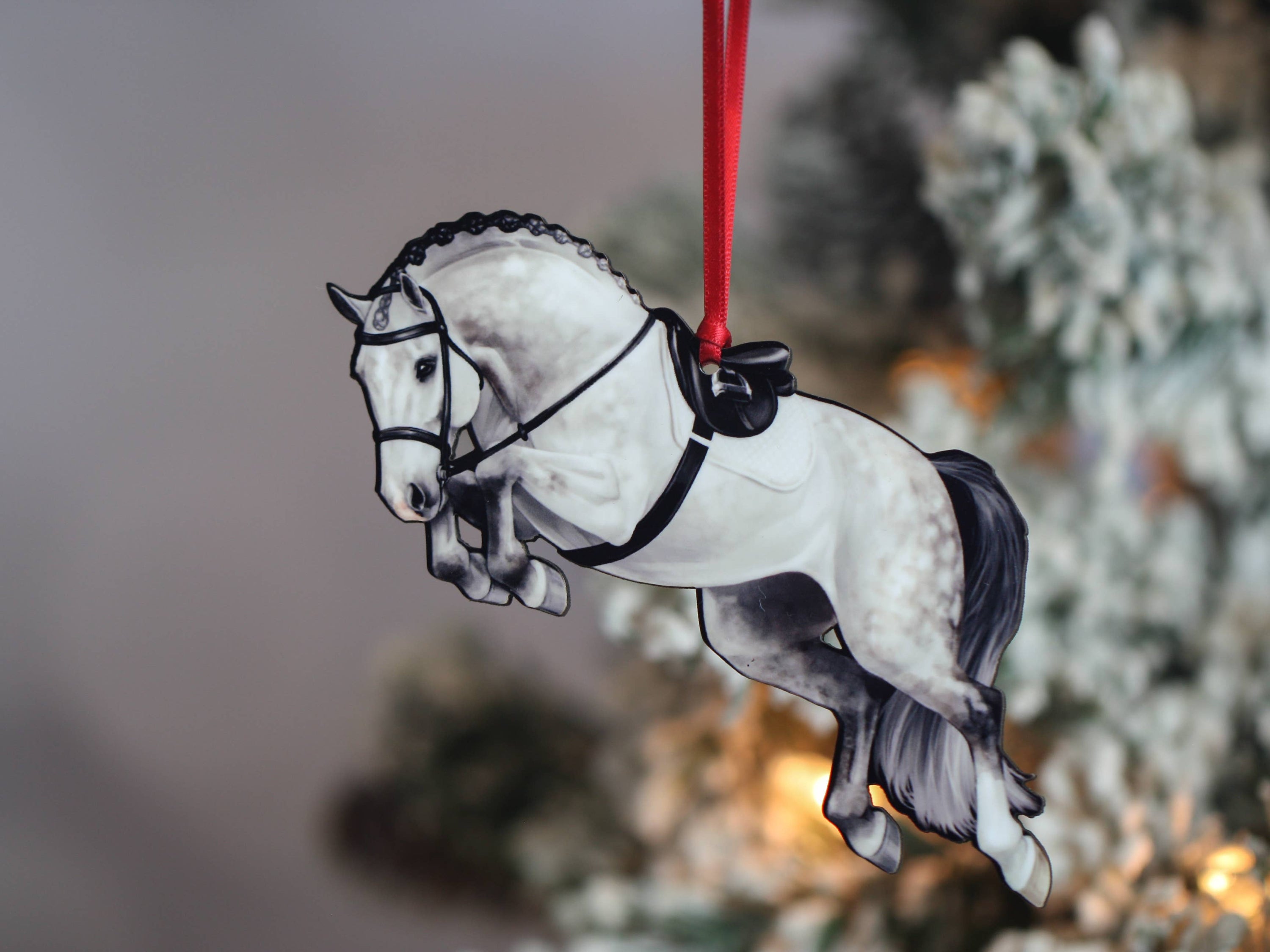 Gray Hunter Equestrian Decor Jumping Horse Ornament with braided mane, featuring a glossy front and dark brown back, perfect for holiday decor.