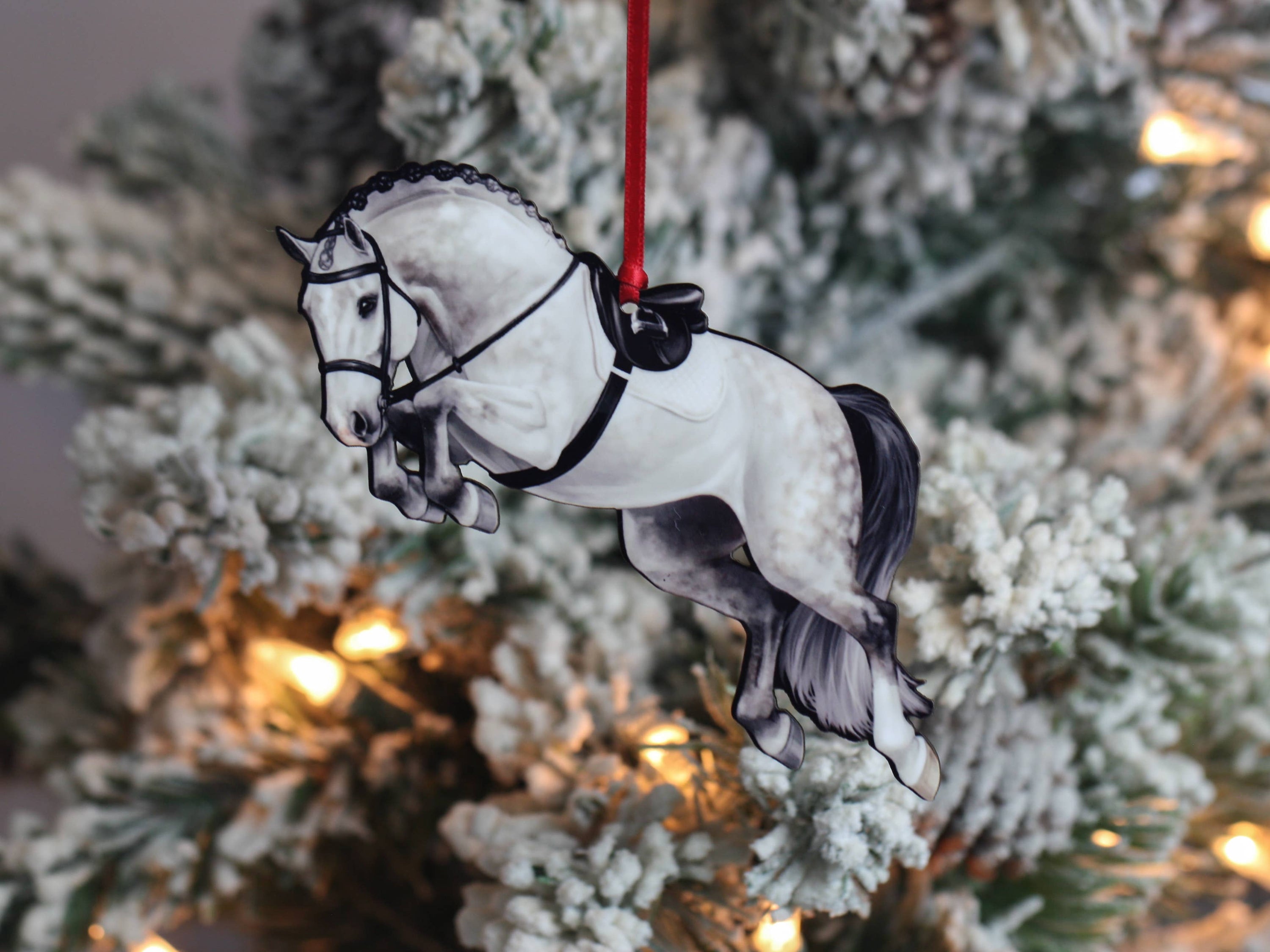 Gray Hunter Equestrian Decor Jumping Horse Ornament with braided mane, featuring a glossy front and dark brown back, perfect for holiday decor.