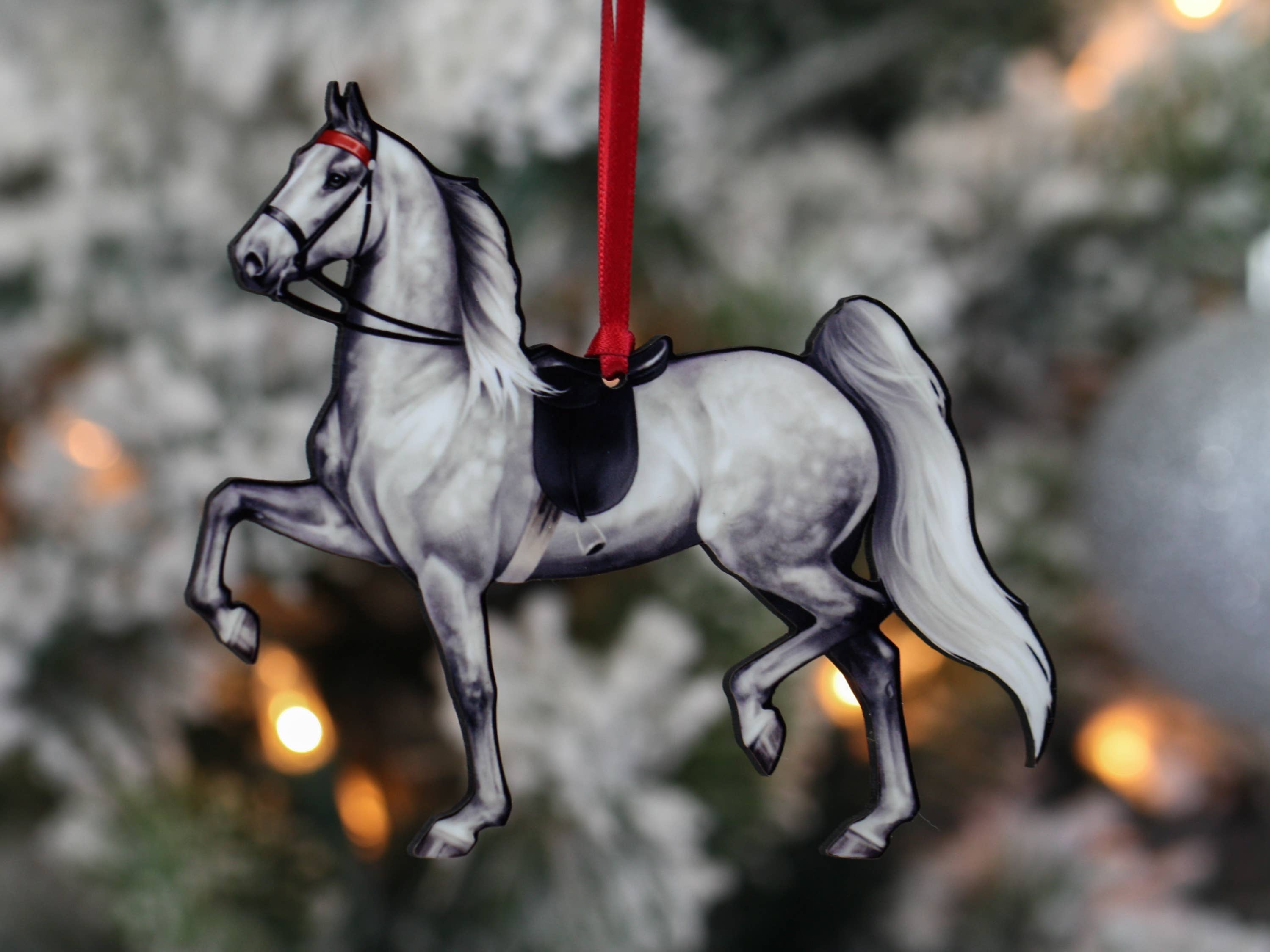 Gray Saddlebred Horse Ornament made of composite wood, featuring a glossy finish, perfect for Christmas decoration.