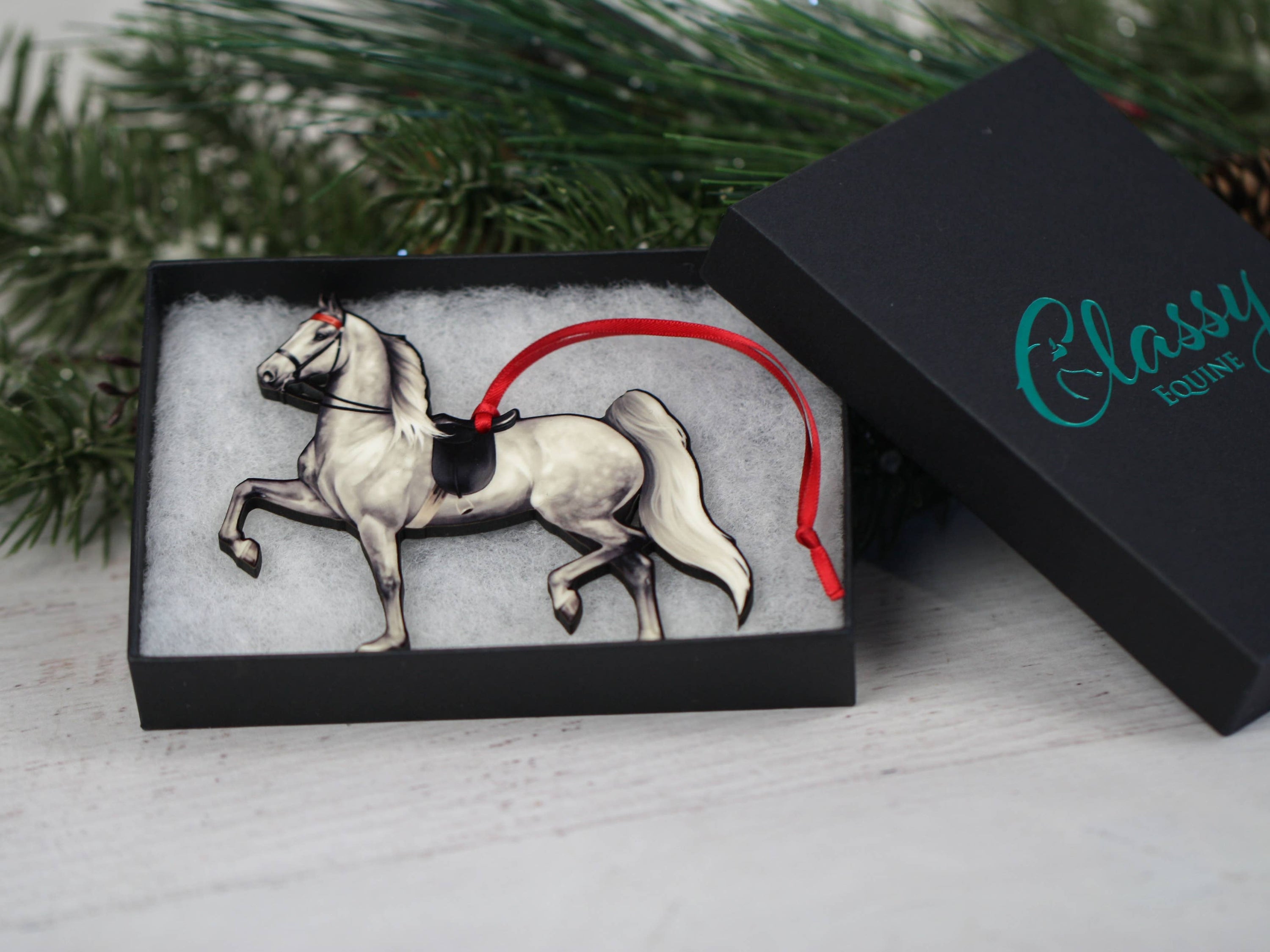 Gray Saddlebred Horse Ornament made of composite wood, featuring a glossy finish, perfect for Christmas decoration.
