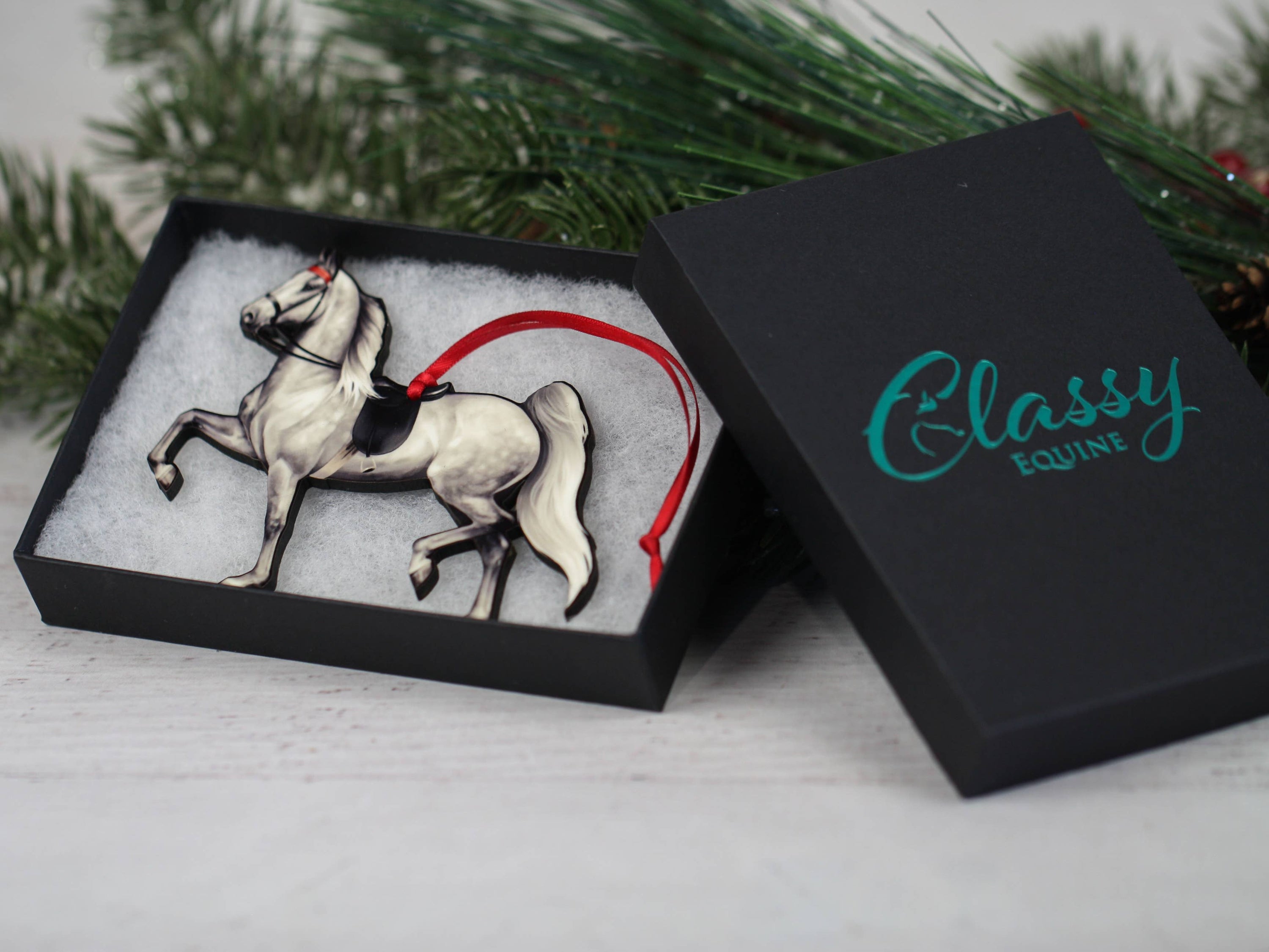 Gray Saddlebred Horse Ornament made of composite wood, featuring a glossy finish, perfect for Christmas decoration.