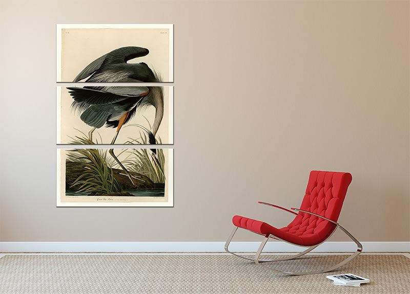 A stunning 3-panel canvas print featuring a Great Blue Heron, showcasing vibrant colors and intricate details, perfect for home decor.