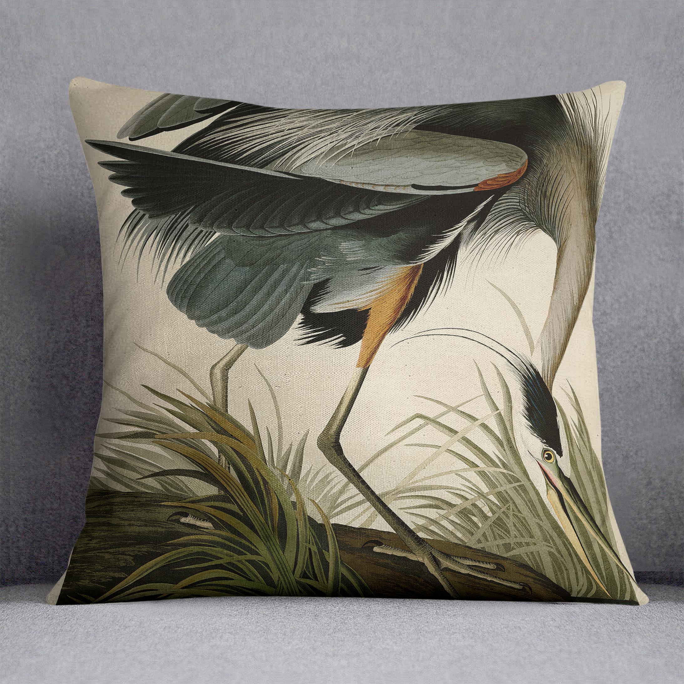 Great Blue Heron cushion featuring vibrant abstract design on luxurious vegan faux suede, perfect for home decor.