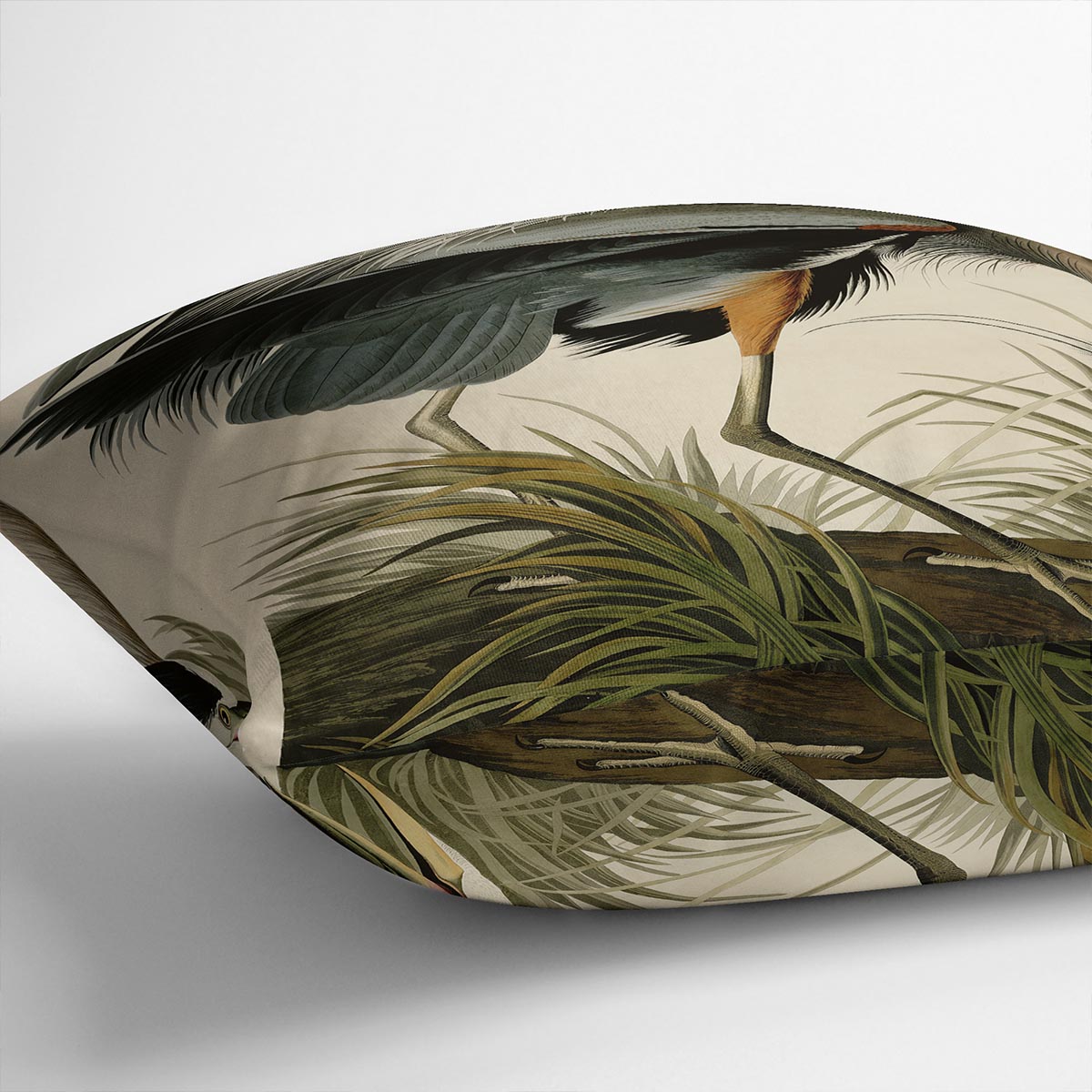 Great Blue Heron cushion featuring vibrant abstract design on luxurious vegan faux suede, perfect for home decor.