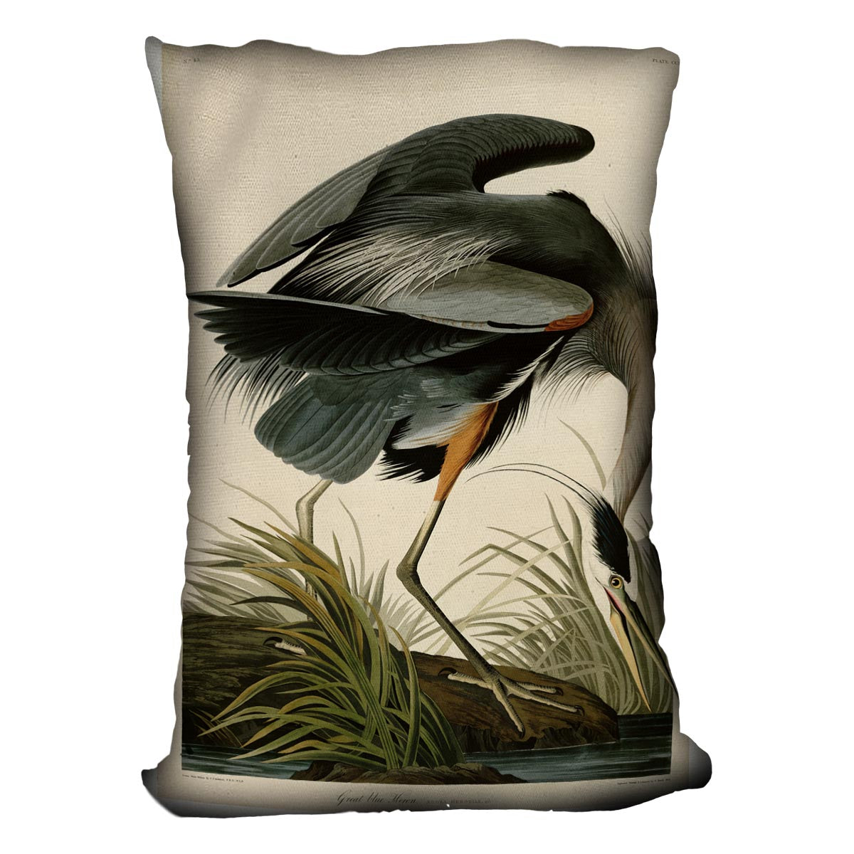 Great Blue Heron cushion featuring vibrant abstract design on luxurious vegan faux suede, perfect for home decor.