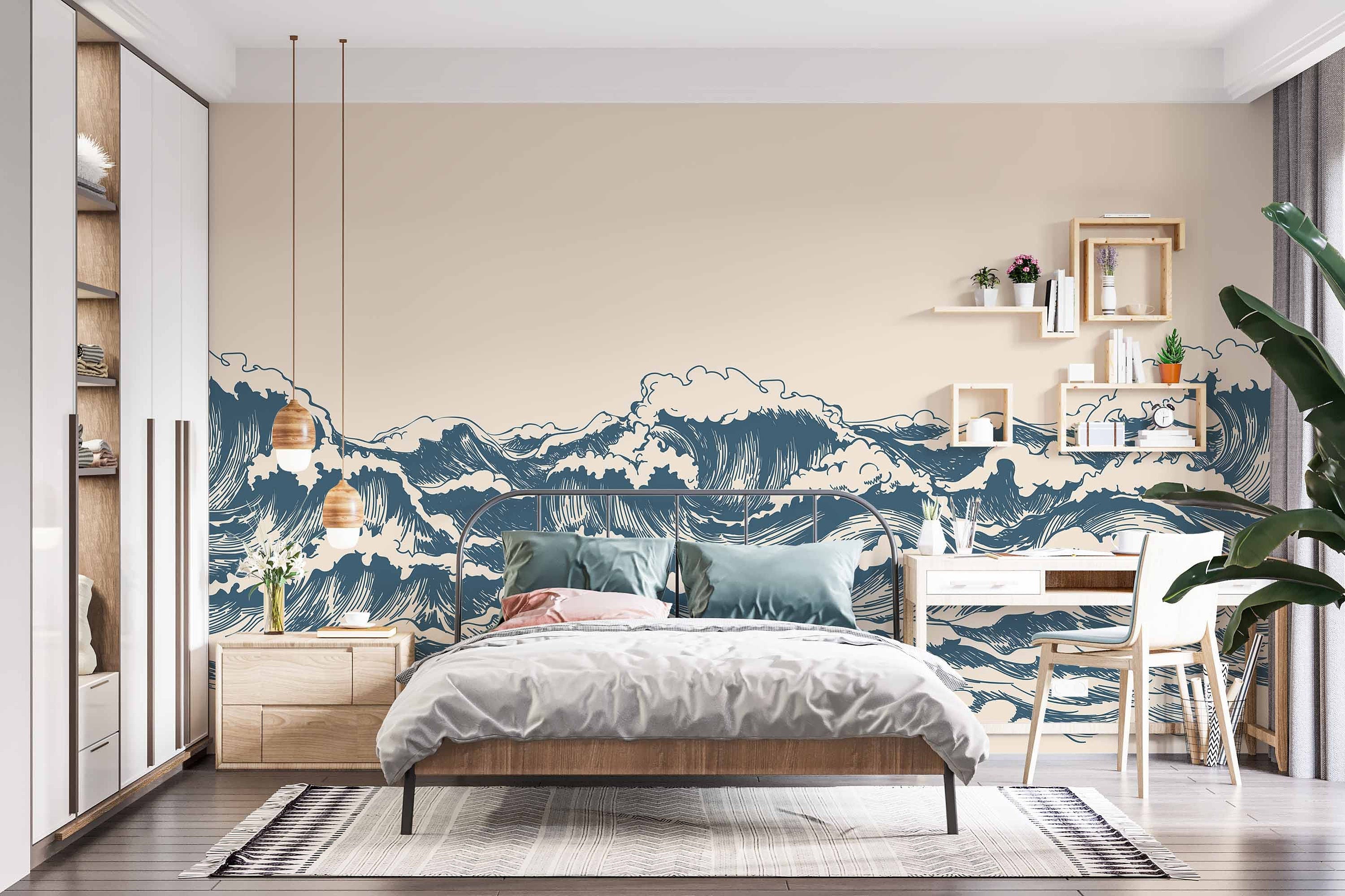 Great Waves Wall Mural featuring rolling blue waves against a serene sky, perfect for interior decoration.