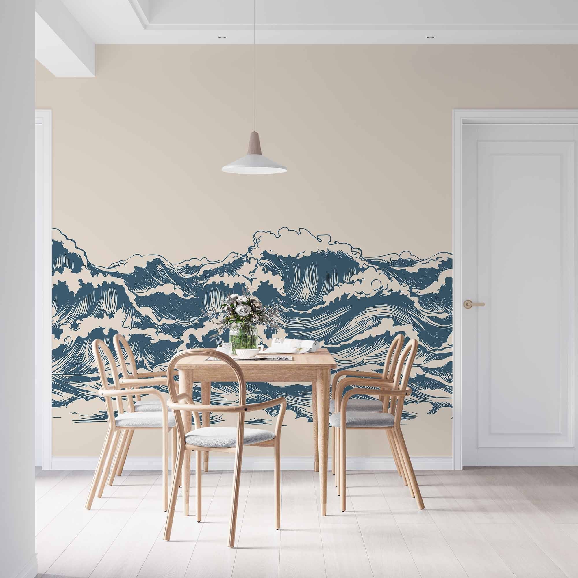 Great Waves Wall Mural featuring rolling blue waves against a serene sky, perfect for interior decoration.