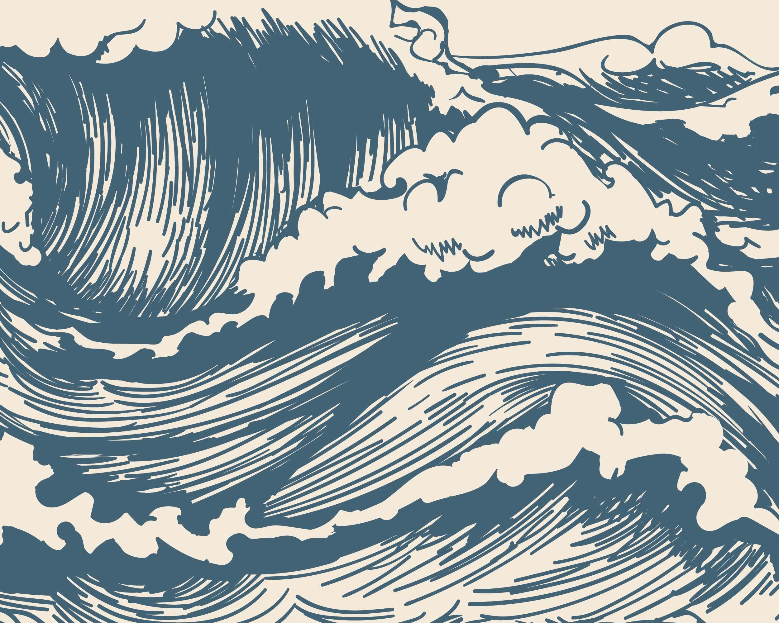 Great Waves Wall Mural featuring rolling blue waves against a serene sky, perfect for interior decoration.