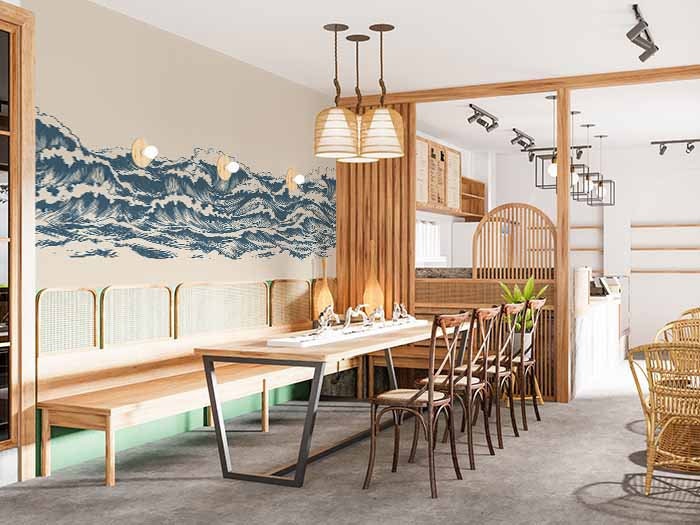 Great Waves Wall Mural featuring rolling blue waves against a serene sky, perfect for interior decoration.