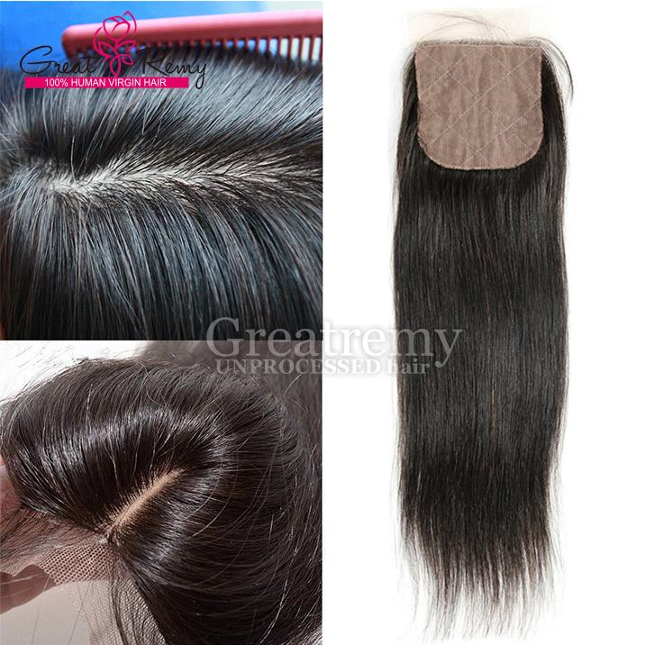 Greatremy Free Part Straight Silk Base Top Closure with bleached knots, showcasing its natural look and soft texture.