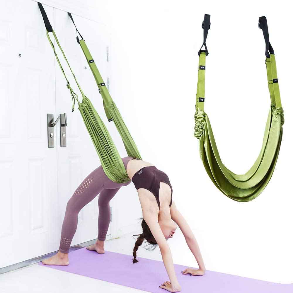 Green Fitness Yoga Strap Band with adjustable foam wheels for door installation, designed for flexibility and stretching exercises.