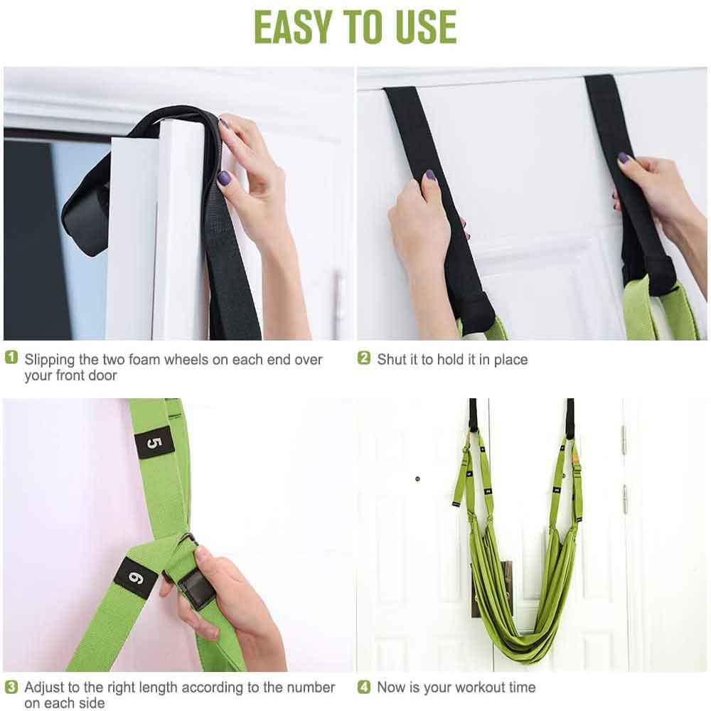Green Fitness Yoga Strap Band with adjustable foam wheels for door installation, designed for flexibility and stretching exercises.