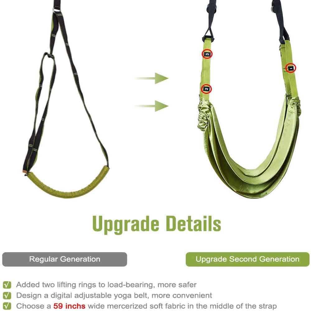 Green Fitness Yoga Strap Band with adjustable foam wheels for door installation, designed for flexibility and stretching exercises.