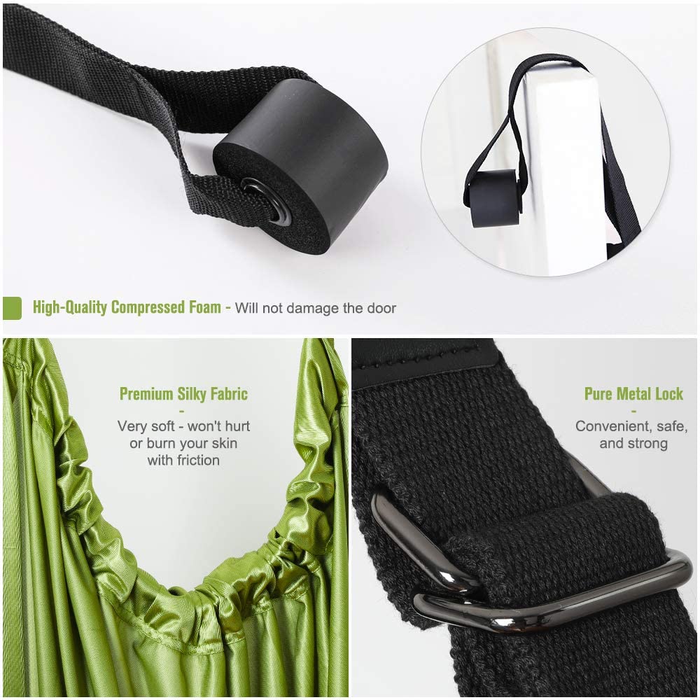 Green Fitness Yoga Strap Band with adjustable foam wheels for door installation, designed for flexibility and stretching exercises.