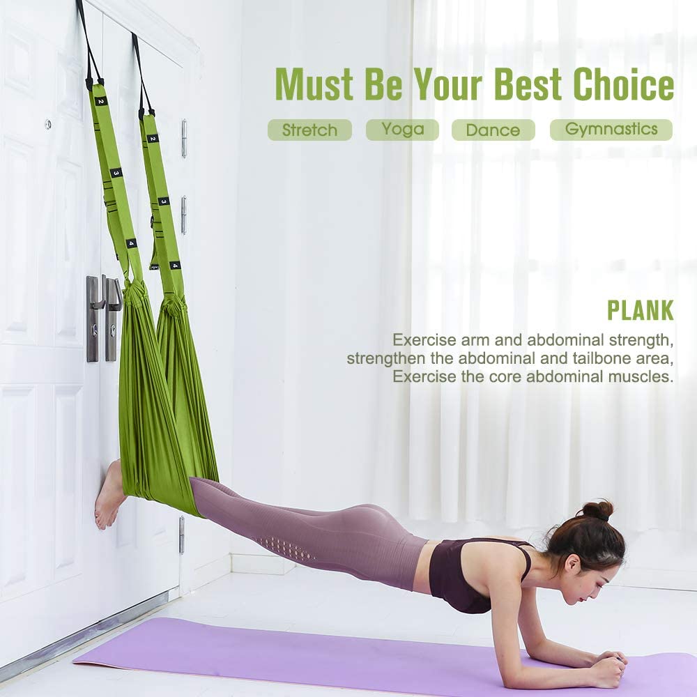 Green Fitness Yoga Strap Band with adjustable foam wheels for door installation, designed for flexibility and stretching exercises.