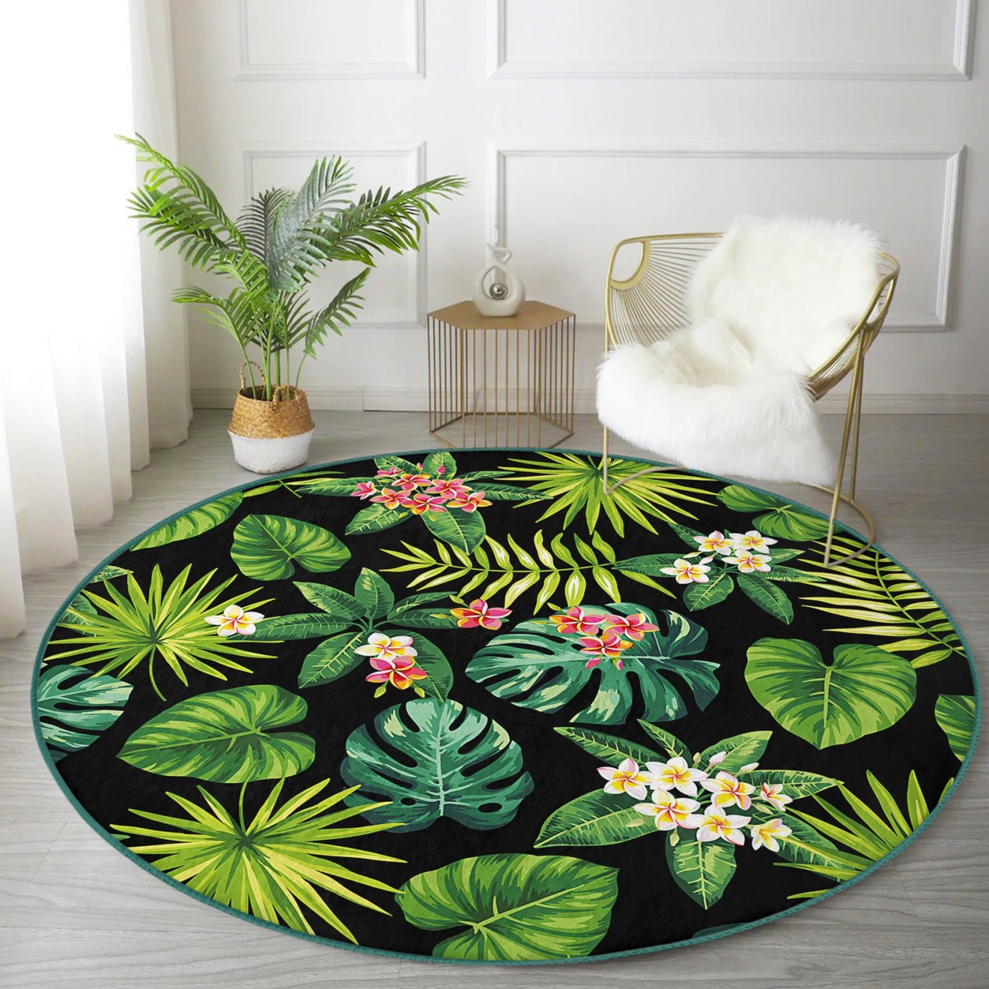 A round rug featuring a vibrant green floral pattern, showcasing its soft velvet texture and elegant design, perfect for home decoration.