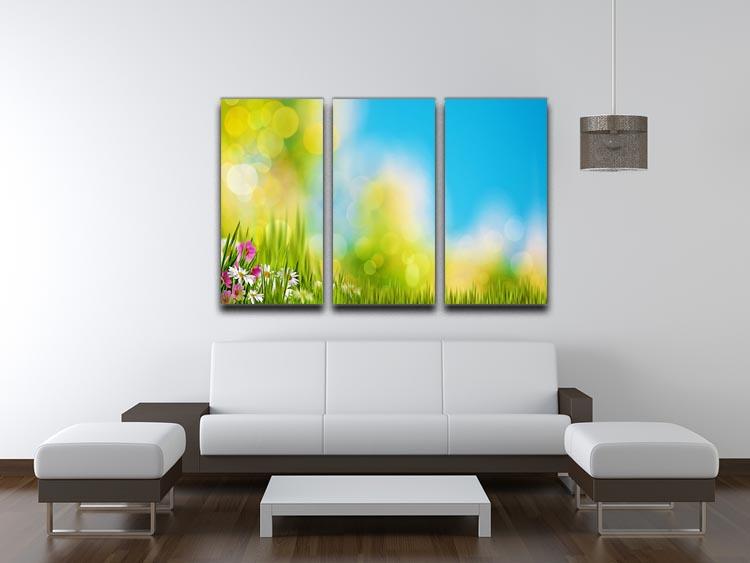 A beautiful 3-panel canvas print featuring vibrant green foliage illuminated by bright summer sunlight, perfect for home decor.