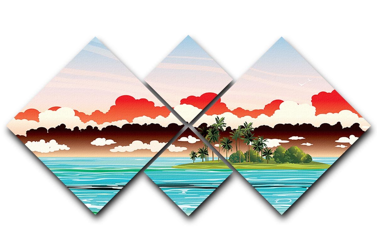 A beautiful 4-panel canvas artwork depicting a tropical island with coconut palms, showcasing vibrant colors and serene scenery.