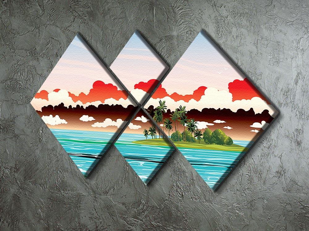 A beautiful 4-panel canvas artwork depicting a tropical island with coconut palms, showcasing vibrant colors and serene scenery.