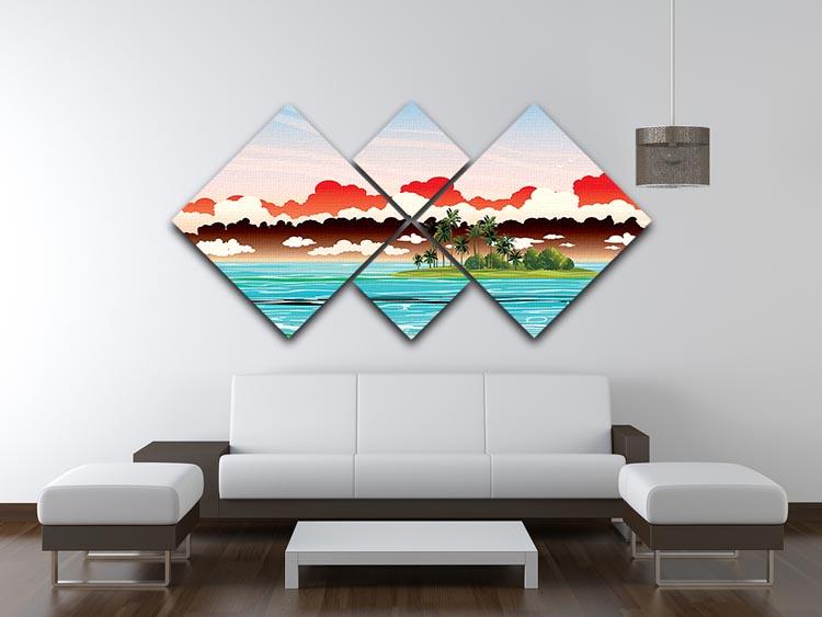 A beautiful 4-panel canvas artwork depicting a tropical island with coconut palms, showcasing vibrant colors and serene scenery.