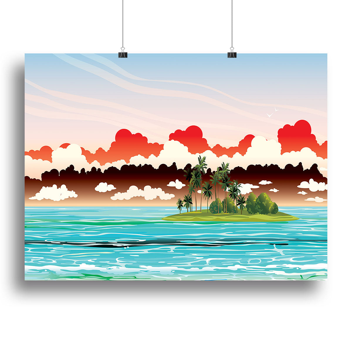 A vibrant canvas print of a green island with coconut palms, showcasing tropical beauty and tranquility.