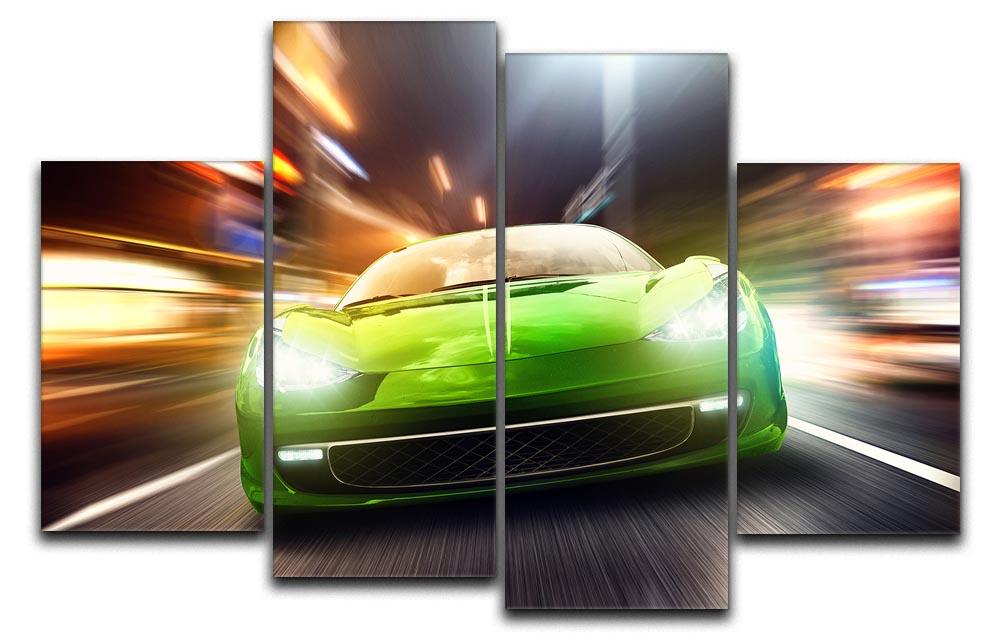 A vibrant green race car artwork displayed on a 4-split canvas, showcasing dynamic design and depth.