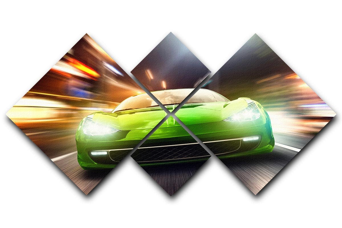 A vibrant green race car depicted on a 4-square multi panel canvas, showcasing dynamic design and artistic flair.