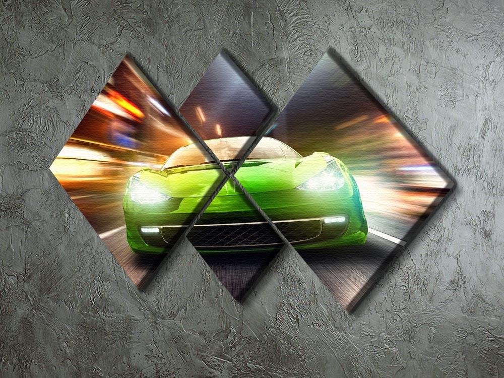 A vibrant green race car depicted on a 4-square multi panel canvas, showcasing dynamic design and artistic flair.