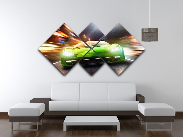 A vibrant green race car depicted on a 4-square multi panel canvas, showcasing dynamic design and artistic flair.