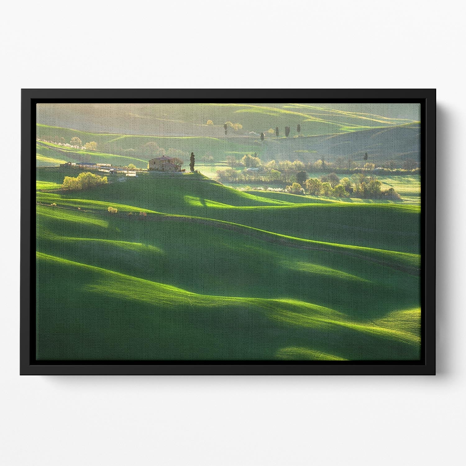 Green Waves Floating Framed Canvas featuring vibrant abstract design in a handcrafted wooden frame, ideal for modern home decor.