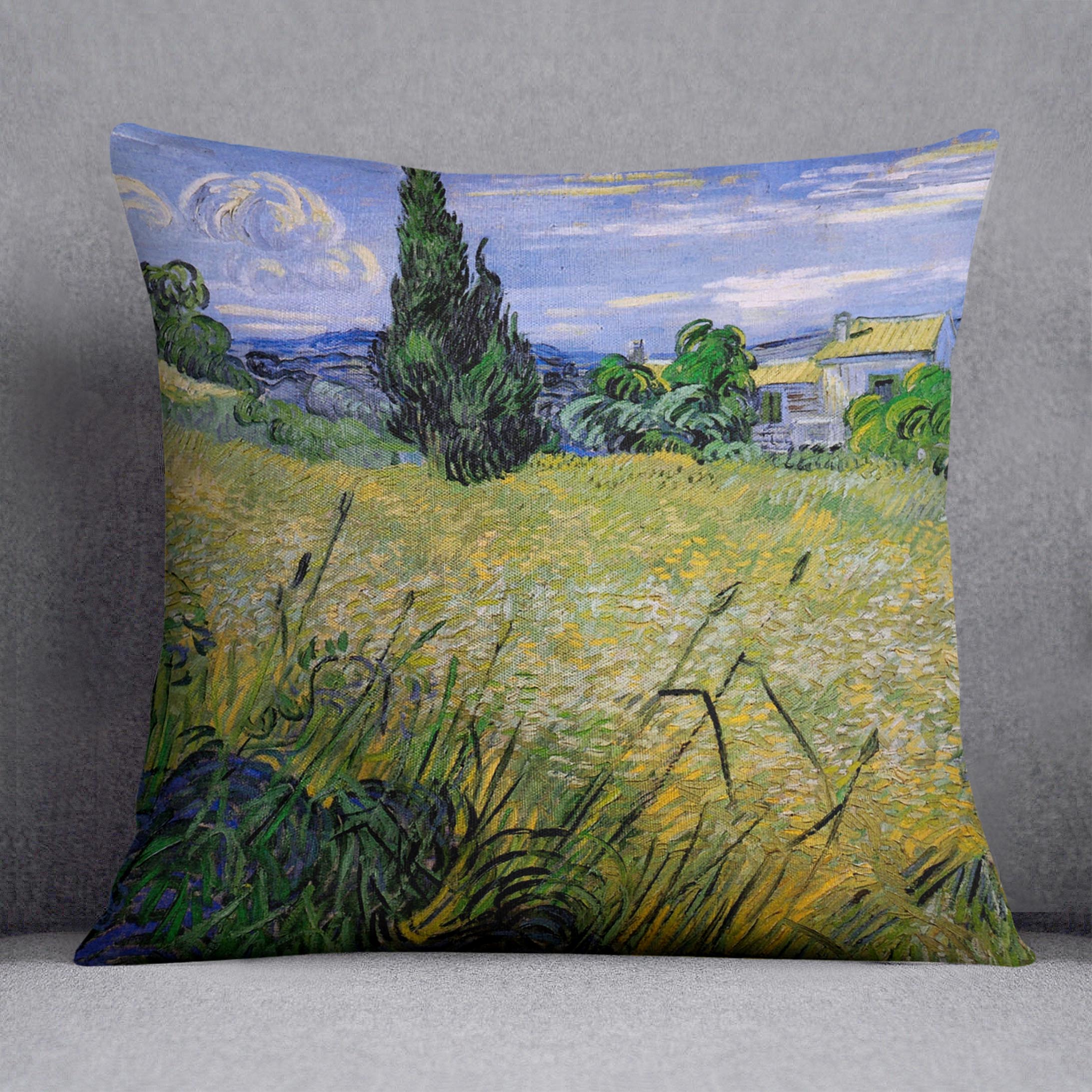 A vibrant cushion featuring Van Gogh's Green Wheat Field with Cypress design, made from luxurious vegan faux suede.