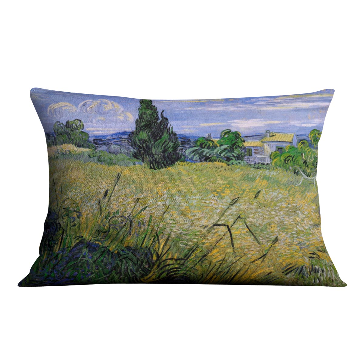 A vibrant cushion featuring Van Gogh's Green Wheat Field with Cypress design, made from luxurious vegan faux suede.