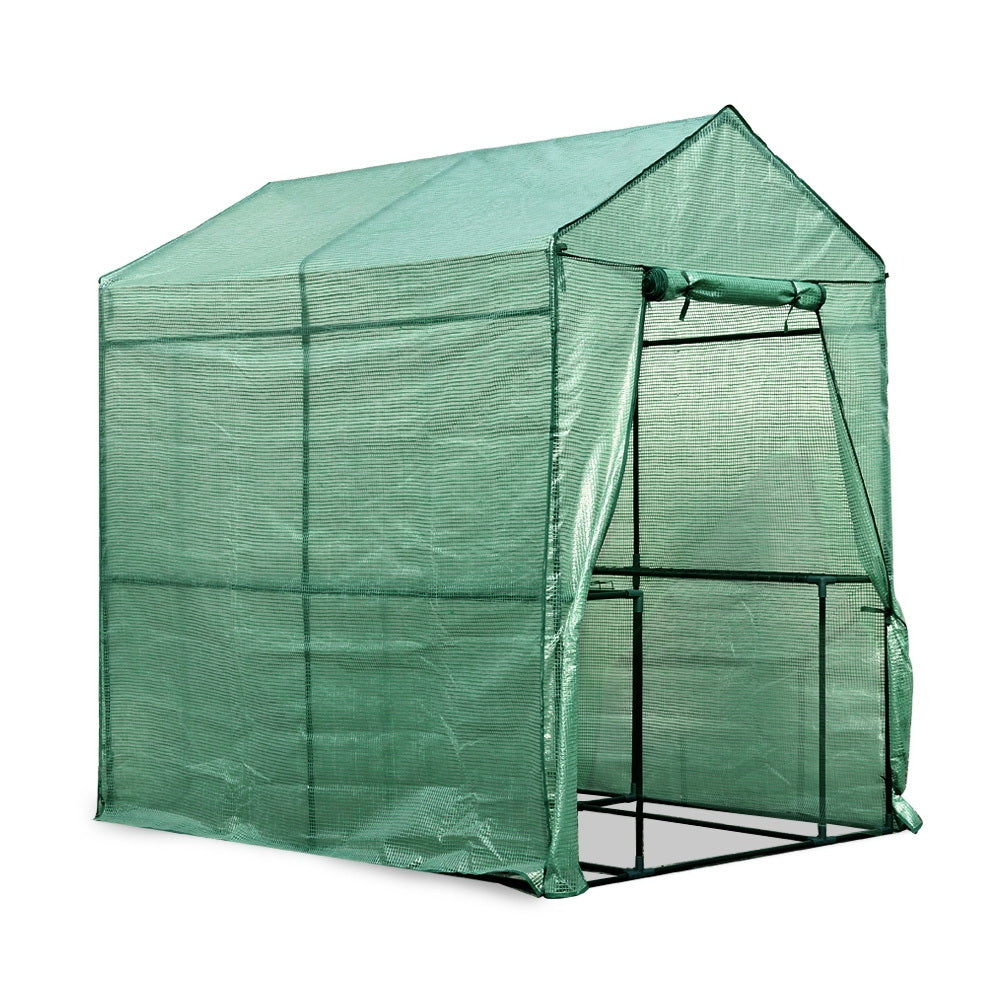 Greenfingers Greenhouse Garden Shed measuring 1.9x1.2M, featuring a durable PE cover and four plant shelves, ideal for protecting plants.