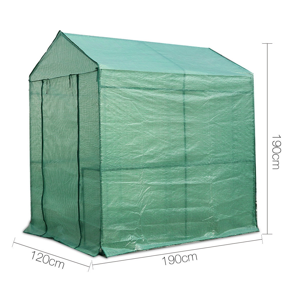 Greenfingers Greenhouse Garden Shed measuring 1.9x1.2M, featuring a durable PE cover and four plant shelves, ideal for protecting plants.