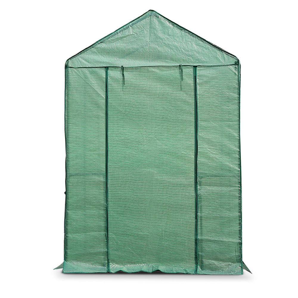 Greenfingers Greenhouse Garden Shed measuring 1.9x1.2M, featuring a durable PE cover and four plant shelves, ideal for protecting plants.