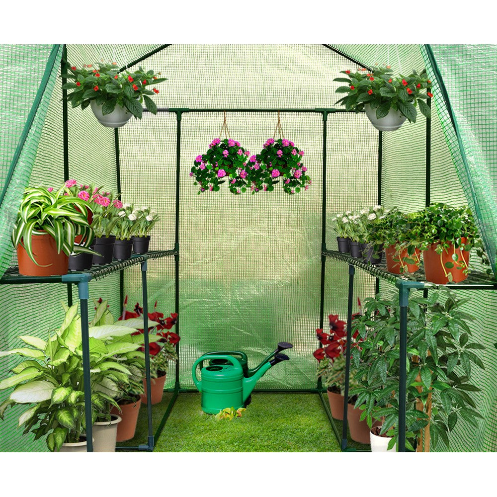 Greenfingers Greenhouse Garden Shed measuring 1.9x1.2M, featuring a durable PE cover and four plant shelves, ideal for protecting plants.