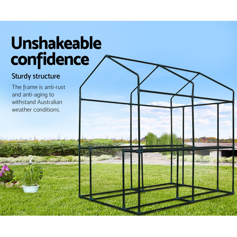 Greenfingers Greenhouse Garden Shed measuring 1.9x1.2M, featuring a durable PE cover and four plant shelves, ideal for protecting plants.