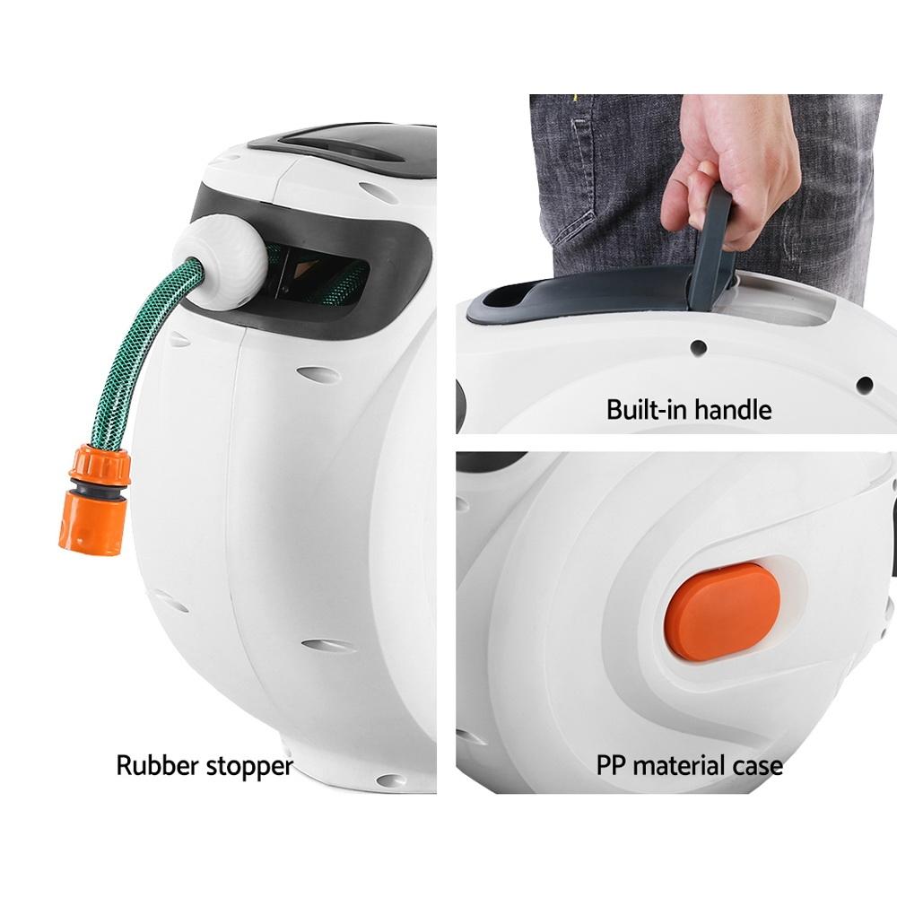 Greenfingers Retractable Hose Reel with 30M hose and spray gun, showcasing a compact design and wall-mounted feature.