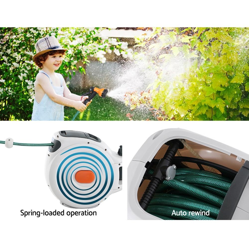 Greenfingers Retractable Hose Reel with 30M hose and spray gun, showcasing a compact design and wall-mounted feature.
