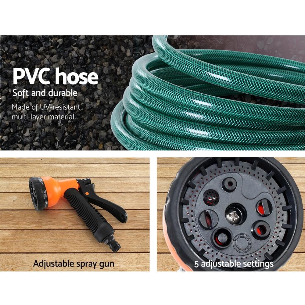 Greenfingers Retractable Hose Reel with 30M hose and spray gun, showcasing a compact design and wall-mounted feature.
