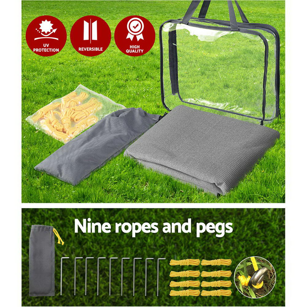 Grey Caravan Privacy Screen 1.95 x 2.2M, showcasing its durable fabric and stainless steel D-ring attachments.