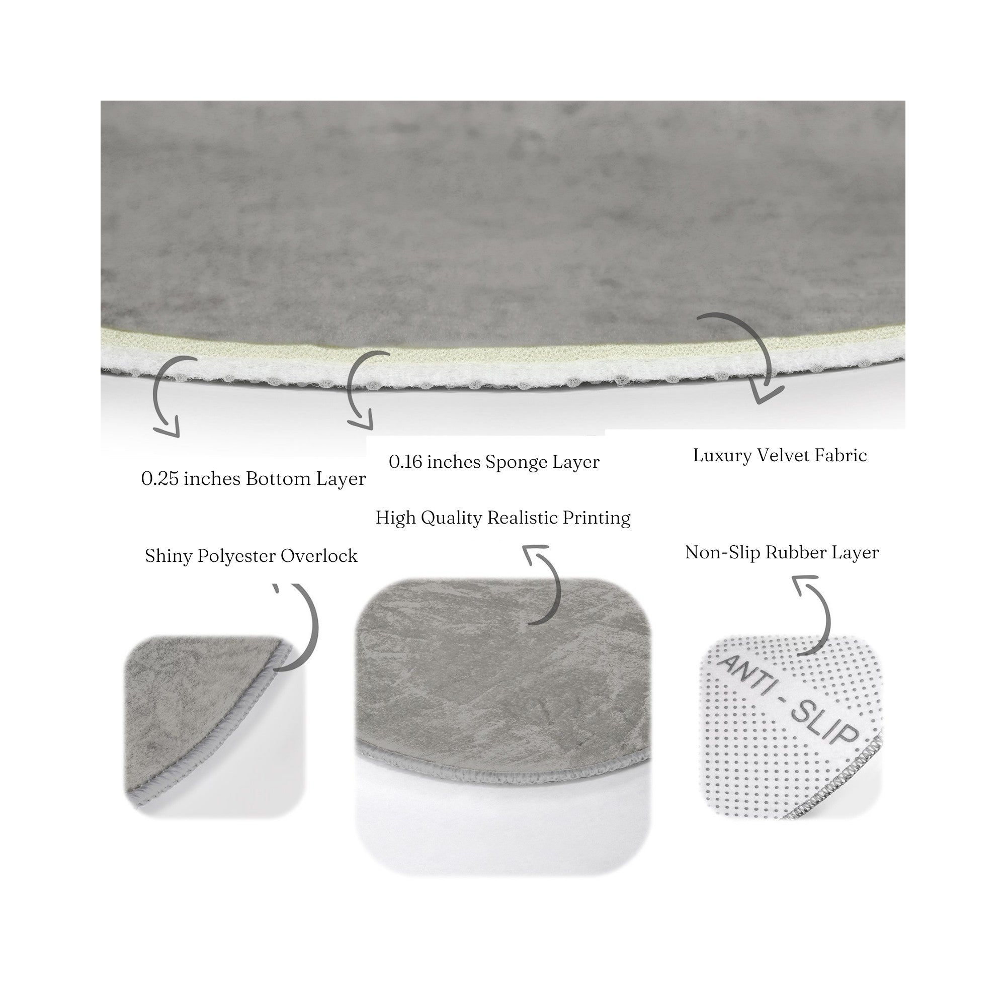 A stylish grey round rug with a soft velvet texture, perfect for home decor and easy maintenance.